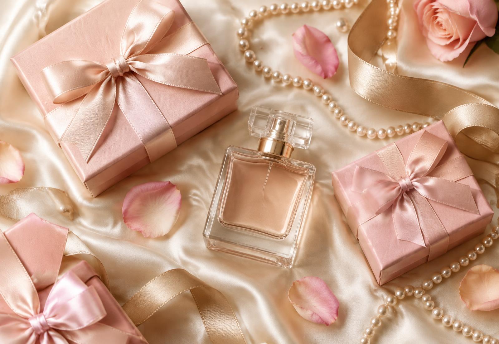 Blush gift boxes with satin bows and pearls